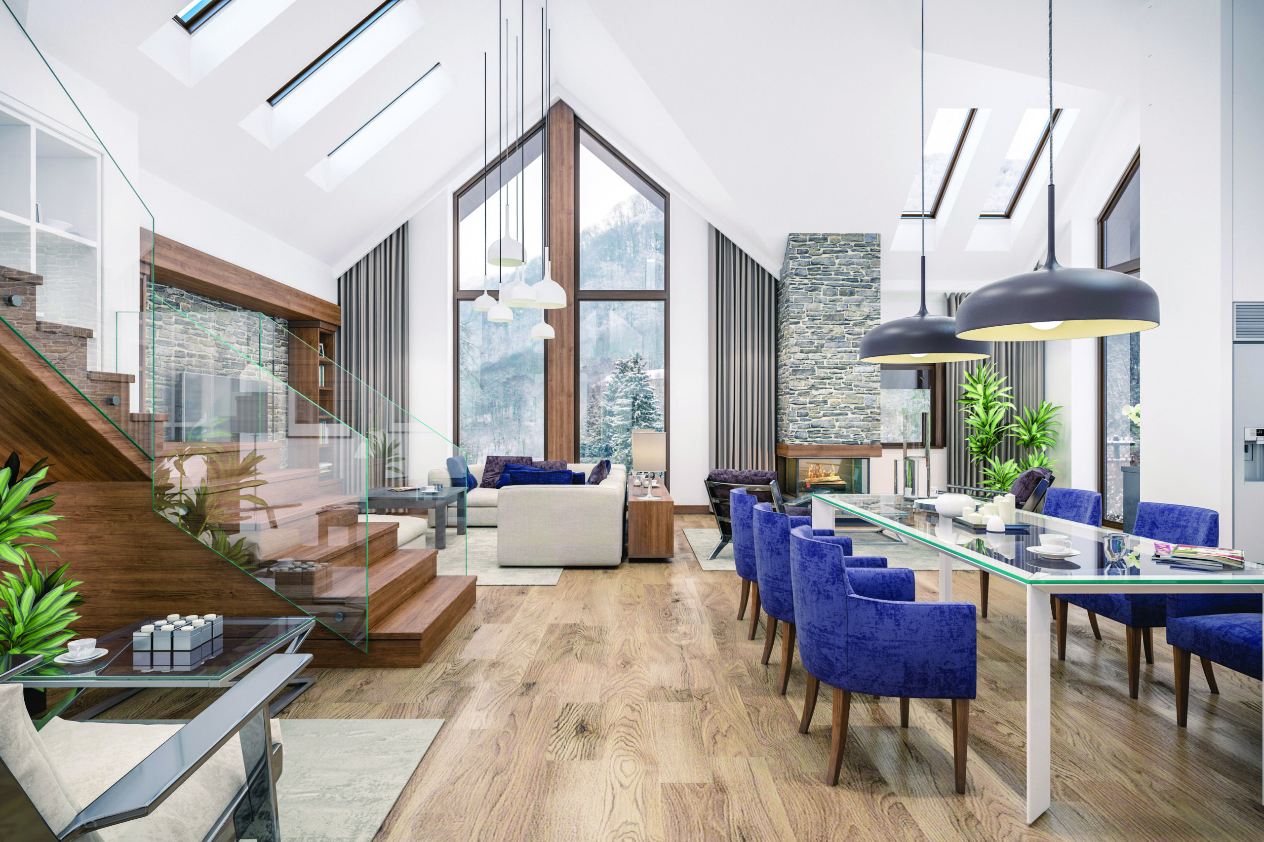 3D rendering of living room of chalet